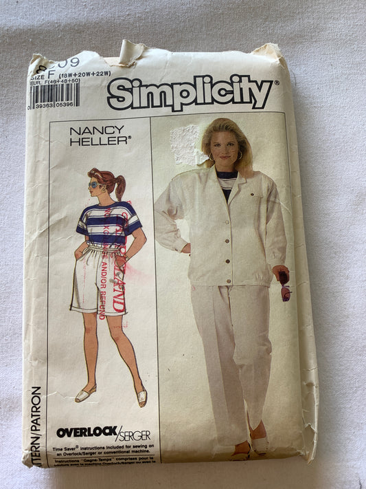 Simplicity Sewing Pattern 8609 Misses' Pull-On Pants, Shorts, Unlined Jacket, Top, Stretch Knit Only, Size 18W-22W, Uncut, Vintage 1988