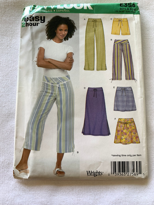 Simplicity New Look Sewing Pattern 6354 Misses' Pants, Skirt, Shorts, Two Lengths, Size 6-16, Uncut, Vintage 2004