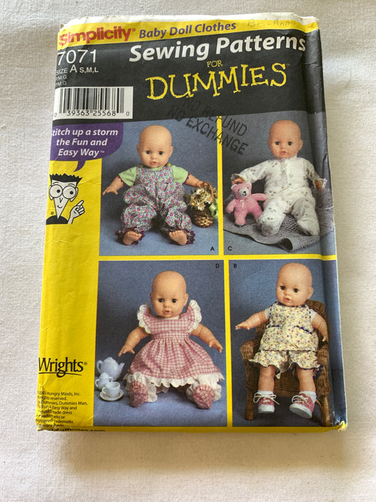 Simplicity Sewing Pattern For Dummies 5598 Crafts, Baby Doll Clothes, Shirt, Romper, Dress, 3 Sizes, Pajamas,Uncut, Vintage 2002