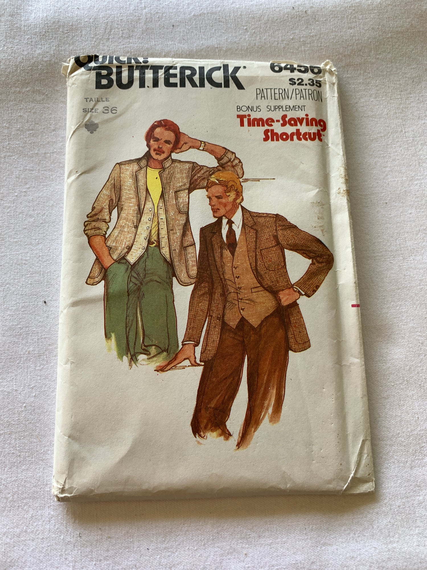 Butterick Sewing Pattern 6456 Men's Unlined Jacket, Button Front, Vest, Semi-Fitted, Size 36, Uncut, Vintage 1977