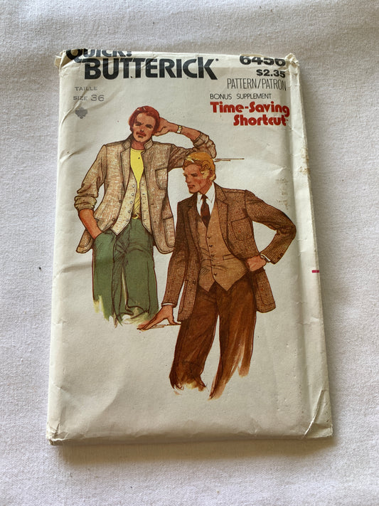 Butterick Sewing Pattern 6456 Men's Unlined Jacket, Button Front, Vest, Semi-Fitted, Size 36, Uncut, Vintage 1977