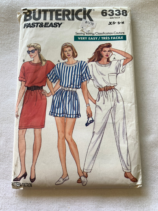Butterick Sewing Pattern 6338 Misses' Top, Pants, Skirt, Shorts, Loose-Fitting, Pocket, Shoulder Pads, Size 6-14, Uncut, Vintage 1988