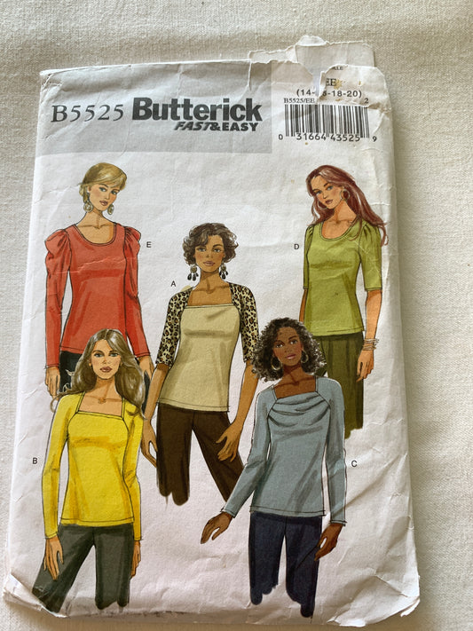 Butterick Sewing Pattern B5525 Misses' Top, Close-Fitting, Pullover, Long/Short Sleeves, 5 Variations, Size 14-20, Uncut, Vintage 2012