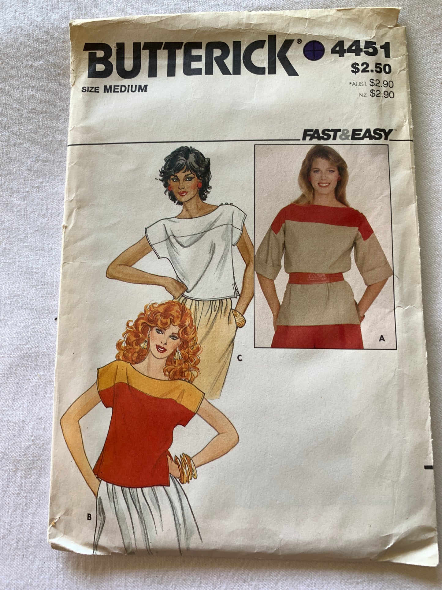 Butterick Sewing Pattern 4451 Misses' Top, Loose-Fitting, Sleeves, 3 Variations. Size 12-14, Uncut, Vintage 1970