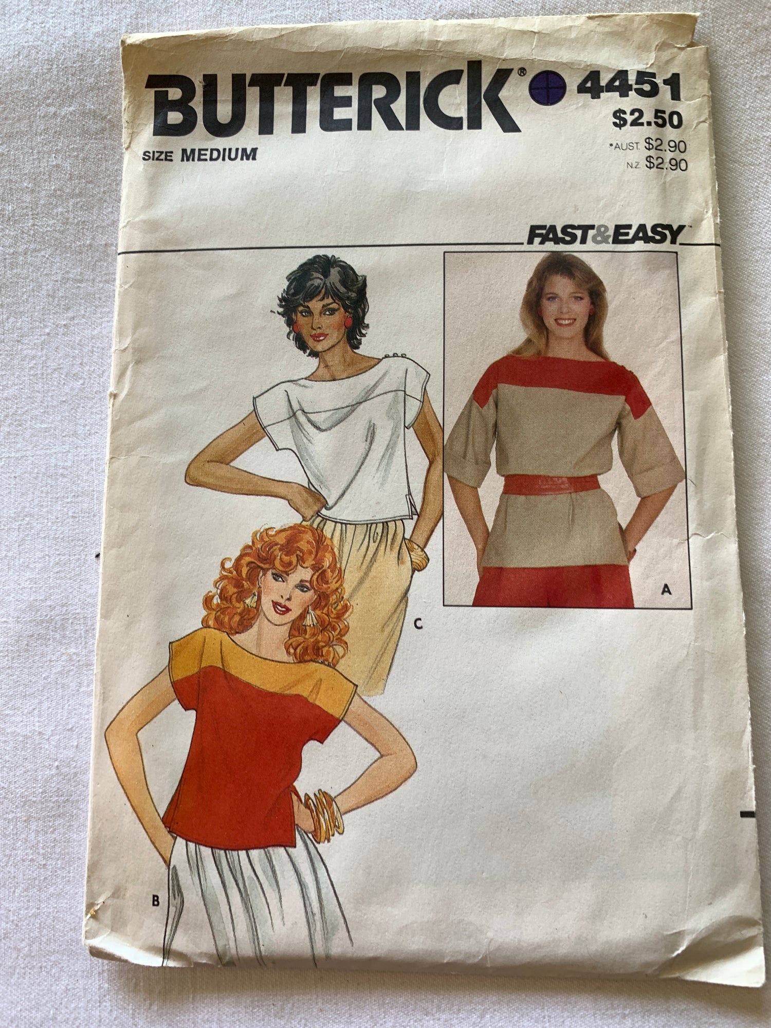 Butterick Sewing Pattern 4451 Misses' Top, Loose-Fitting, Sleeves, 3 Variations. Size 12-14, Uncut, Vintage 1970