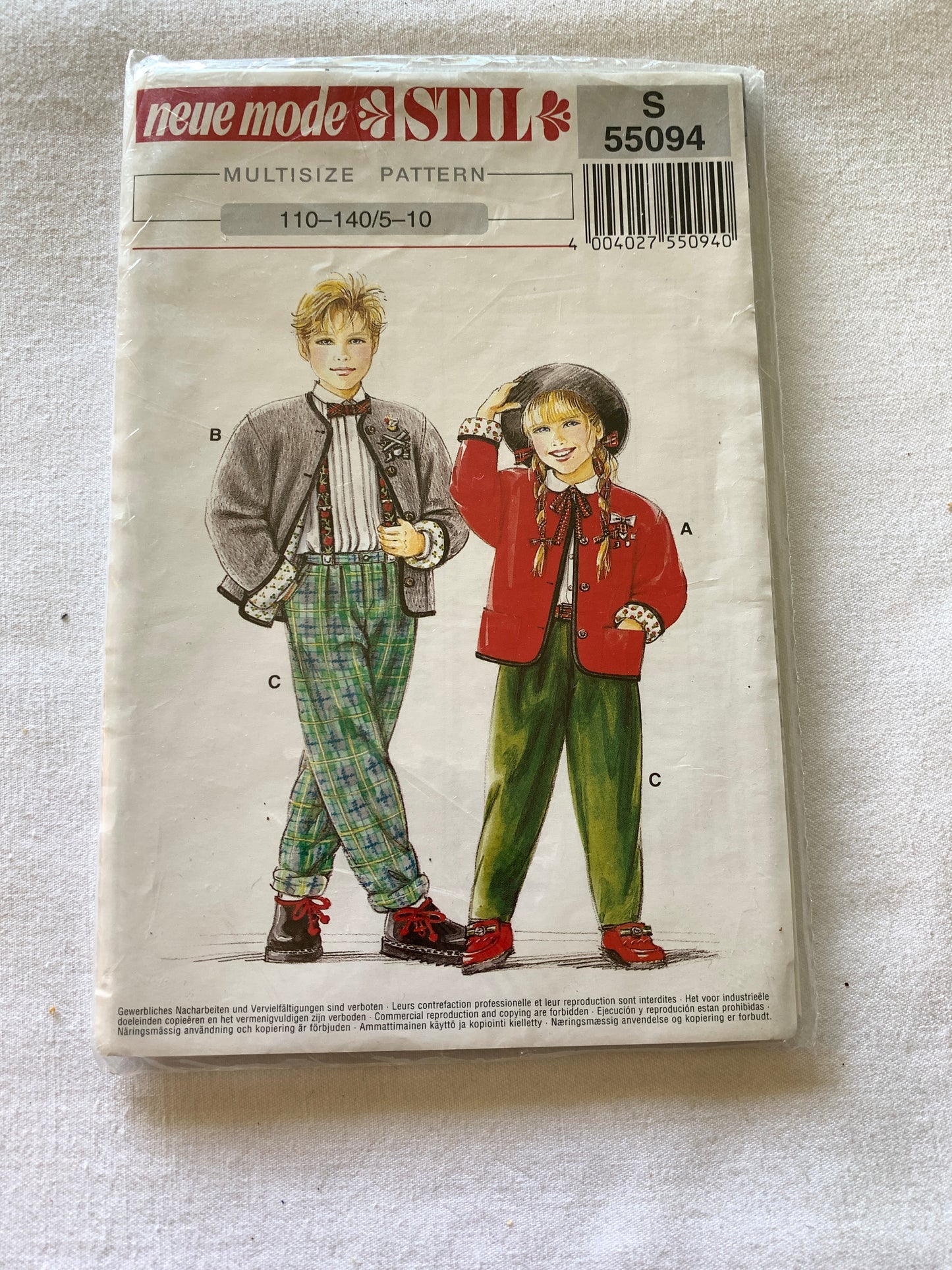 Neue Mode Stil Sewing Pattern 55094, Boys'/Girls' Jacket, Pants, Button Front, Zipper Fly, Size 5-10, Uncut