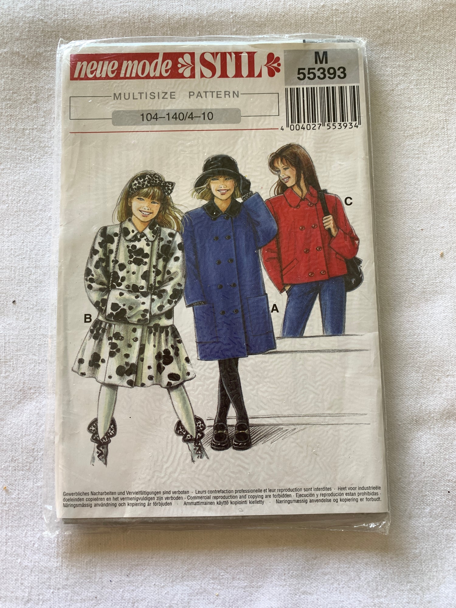 Neue Mode Stil Sewing Pattern 55393, Girls' Winter Jacket/Coat, Button Front, 3 lengths, Collar, Muff, Size 4-10, Uncut