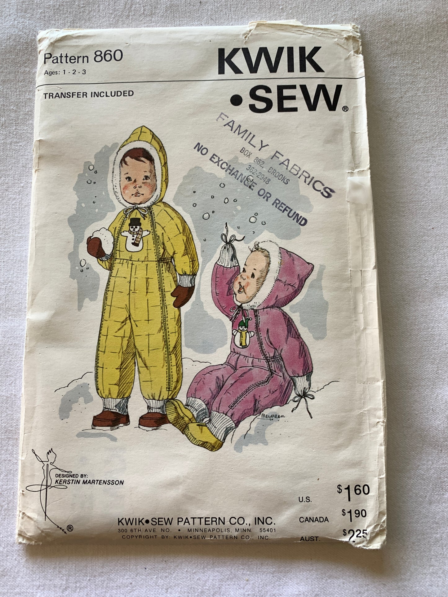 Kwik Sewing Pattern 860 Toddler's Baby Snowsuit, Zipper Front, Raglan Sleeves, Size 1-3, Uncut, Vintage 1990
