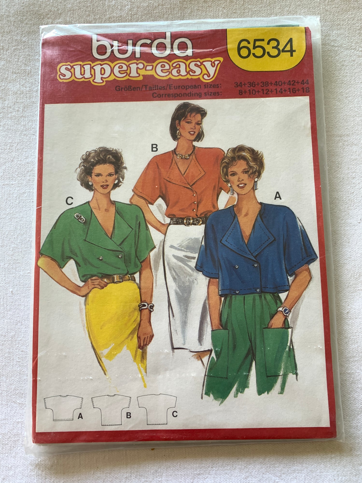 Burda Sewing Pattern 6534 Misses' Blouse, Top, Button Front, Collar, 3 Variations, Loose Fitting, Short Sleeves, Size 8-18, Cut, 2000