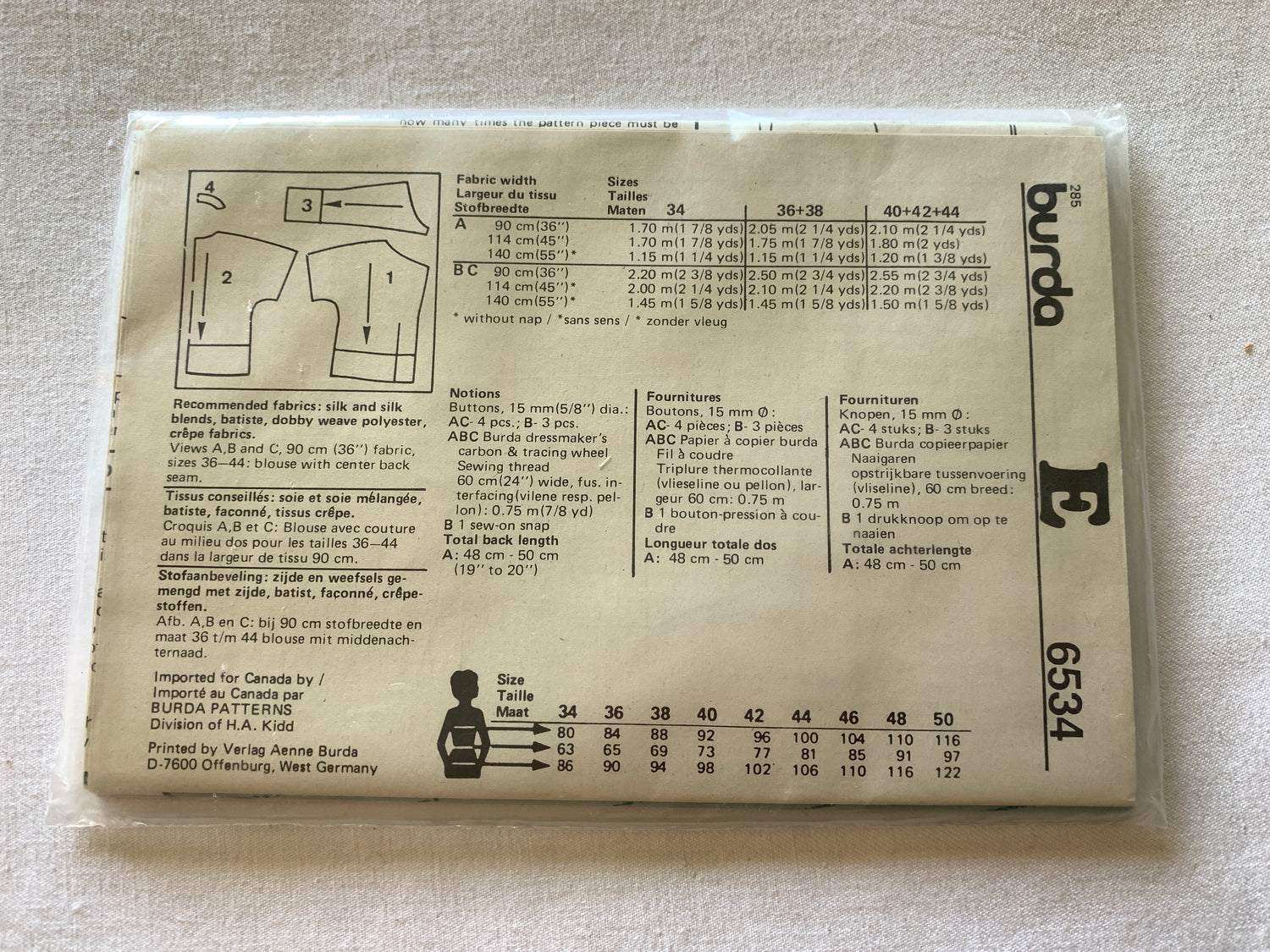 Burda Sewing Pattern 6534 Misses' Blouse, Top, Button Front, Collar, 3 Variations, Loose Fitting, Short Sleeves, Size 8-18, Cut, 2000