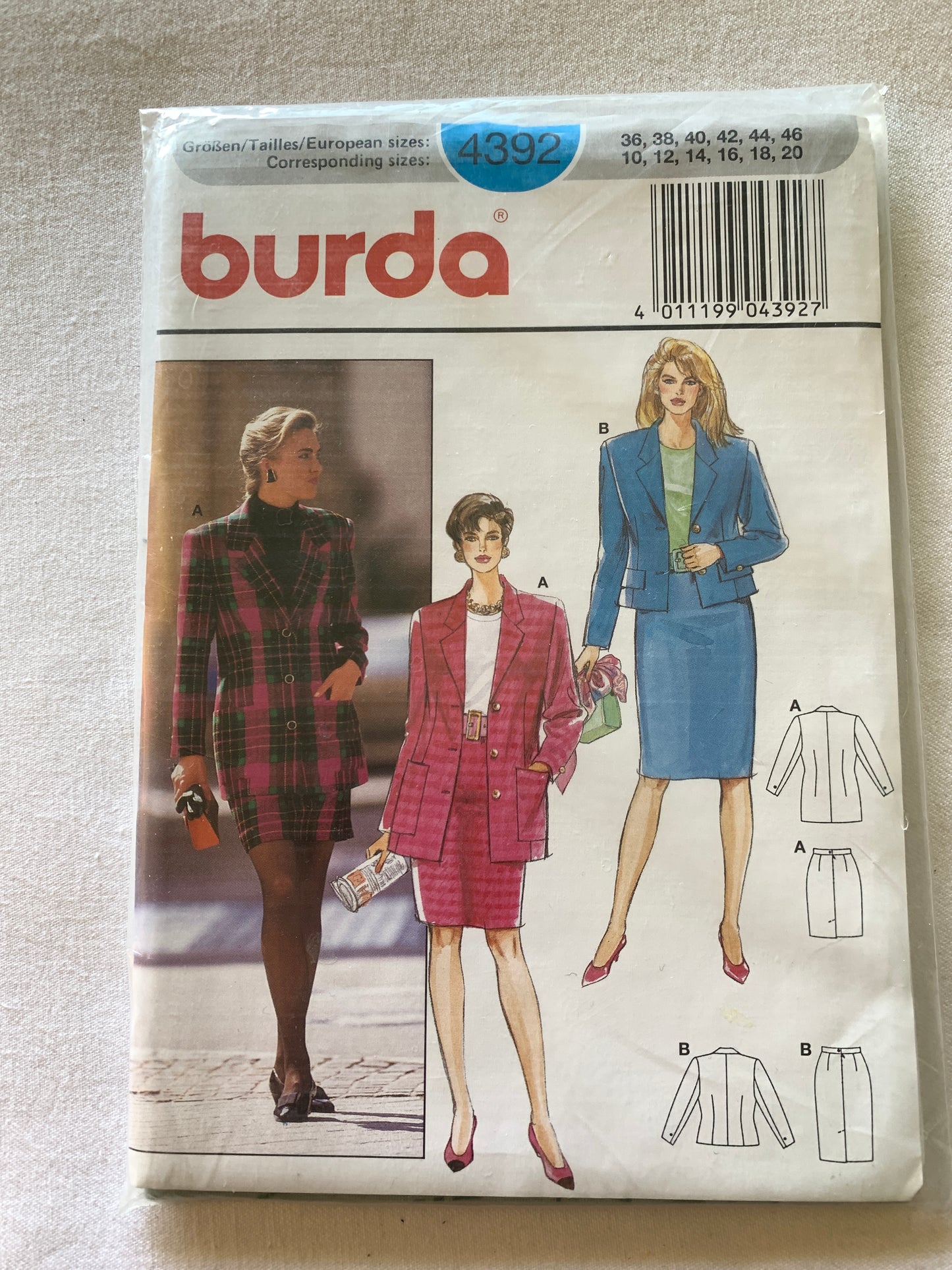 Burda Sewing Pattern 4392 Misses' Suit, Skirt, Jacket, Button Front, Semi-Fitted, Zipper Back, Size 10-20, Uncut, 2001