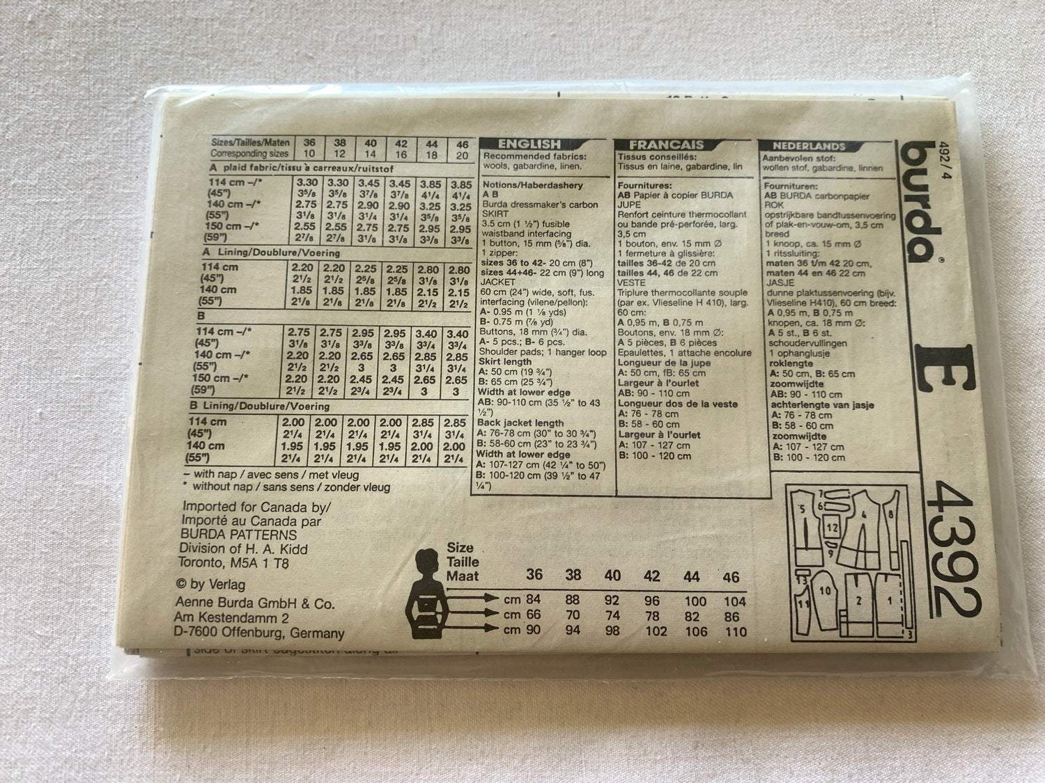 Burda Sewing Pattern 4392 Misses' Suit, Skirt, Jacket, Button Front, Semi-Fitted, Zipper Back, Size 10-20, Uncut, 2001