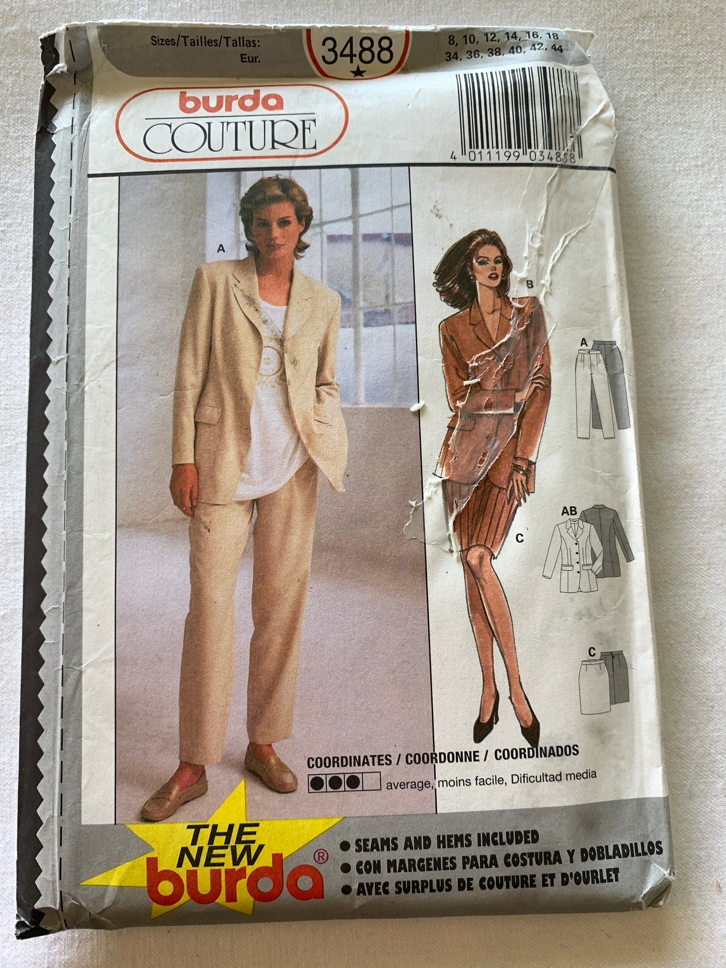 Burda Sewing Pattern 3488 Misses' Pants, Skirt, Jacket, Button Front, Pockets, Zipper Back, Size 8-18, Uncut, 2000