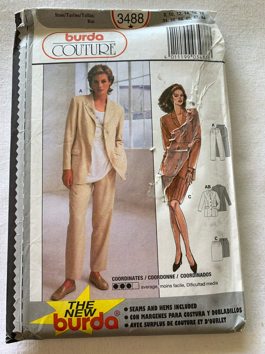 Burda Sewing Pattern 3488 Misses' Pants, Skirt, Jacket, Button Front, Pockets, Zipper Back, Size 8-18, Uncut, 2000