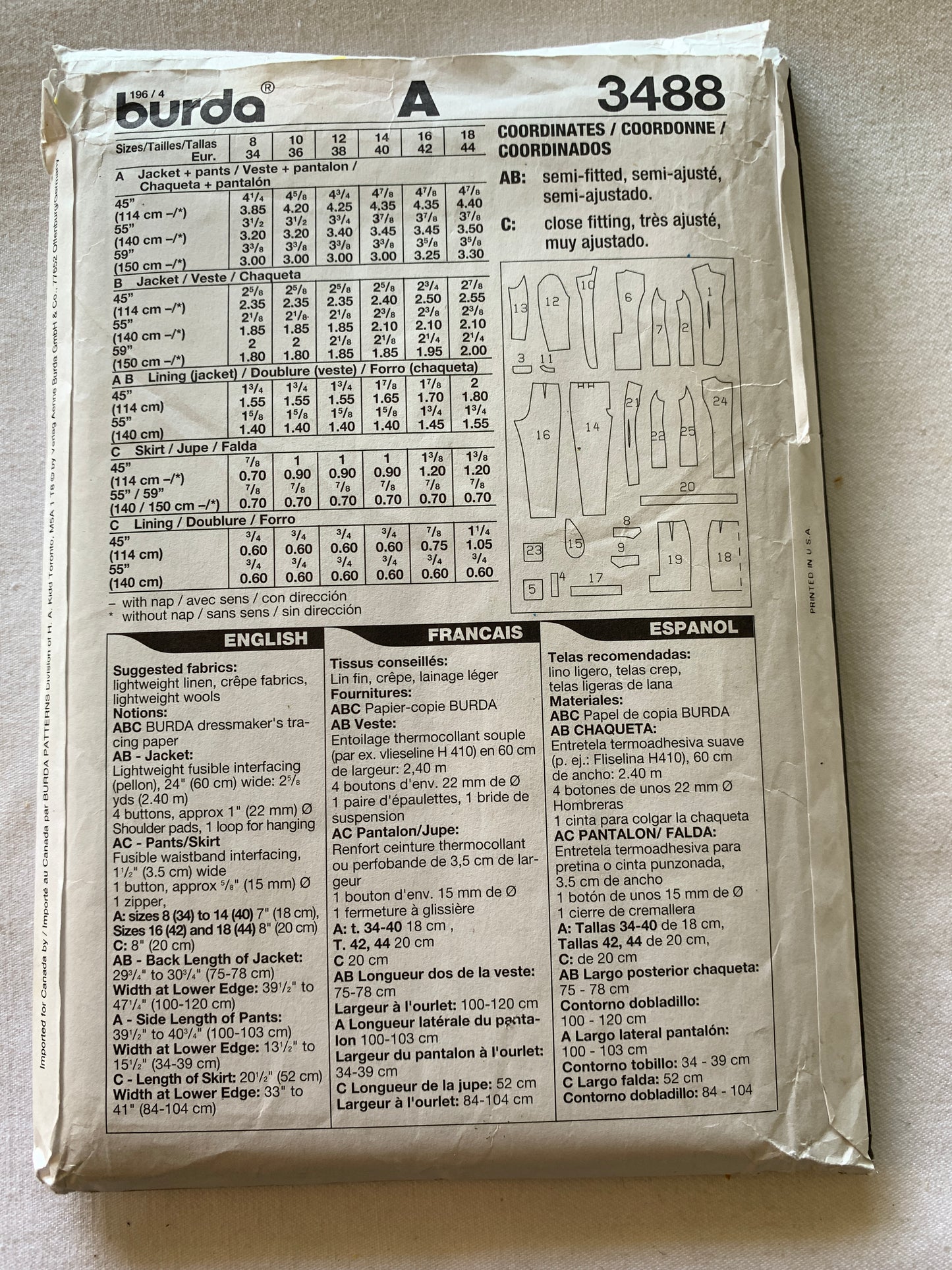 Burda Sewing Pattern 3488 Misses' Pants, Skirt, Jacket, Button Front, Pockets, Zipper Back, Size 8-18, Uncut, 2000