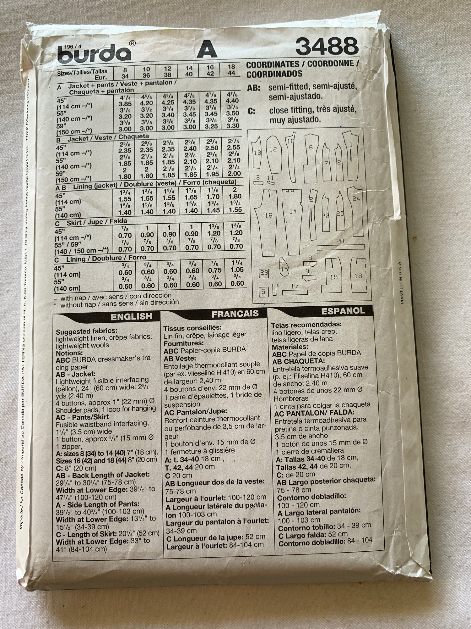 Burda Sewing Pattern 3488 Misses' Pants, Skirt, Jacket, Button Front, Pockets, Zipper Back, Size 8-18, Uncut, 2000