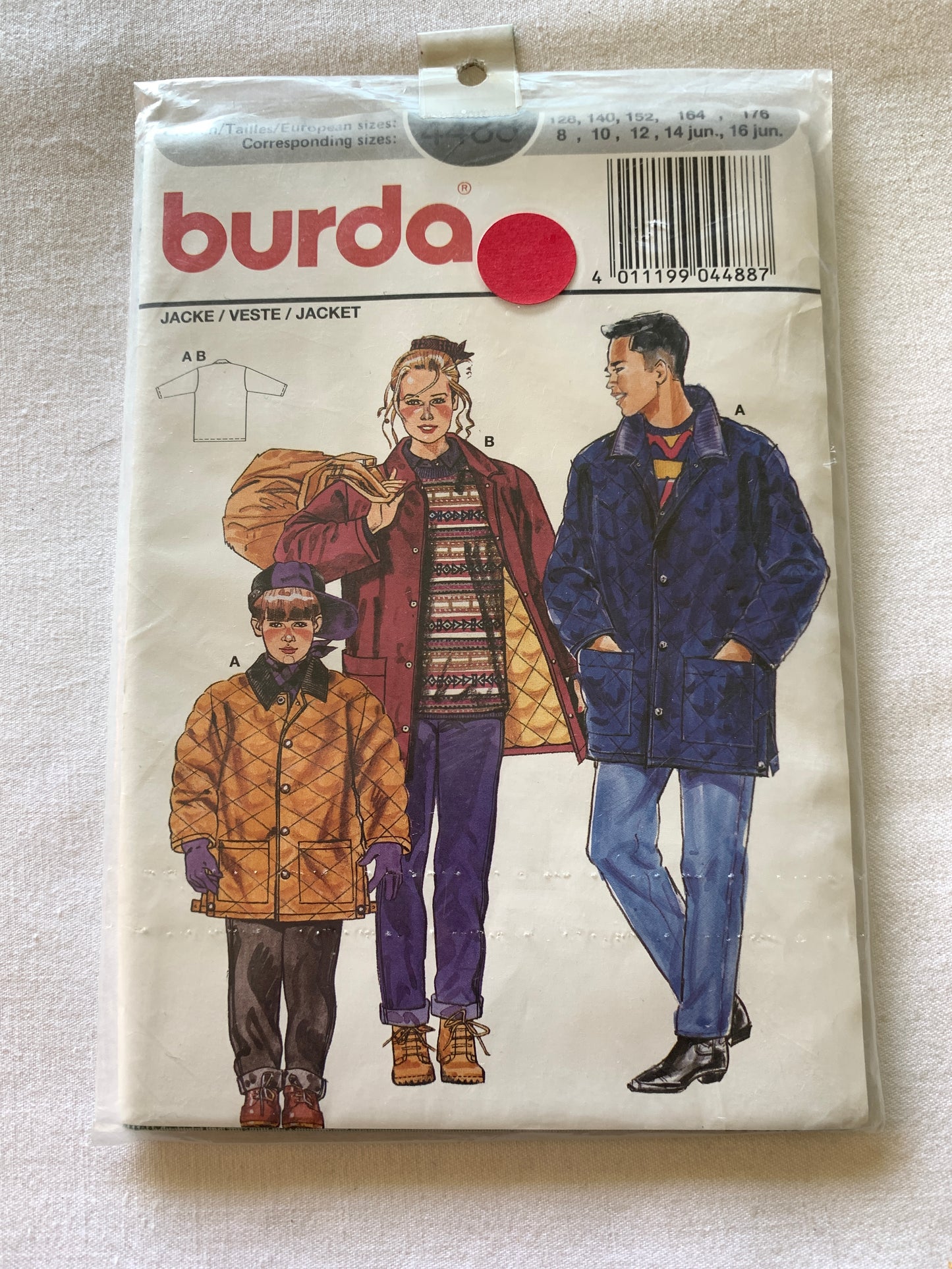 Burda Sewing Pattern 4488 Boy's/Girls Jacket, Semi-Fitted, Snap Front, Pockets, Size 8-16, Uncut, 2000