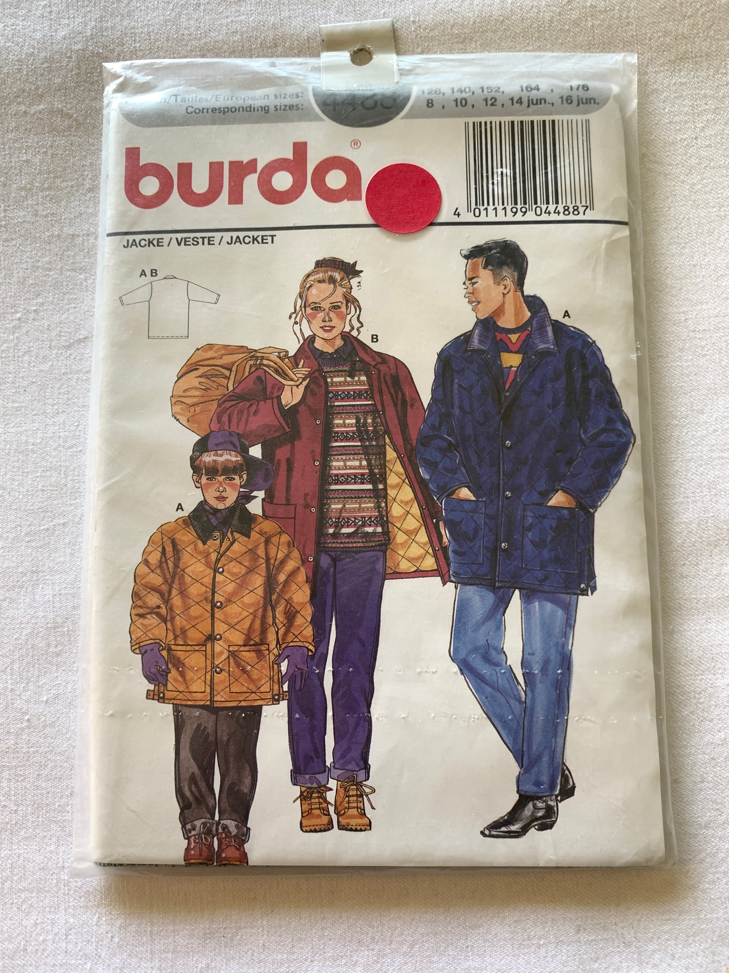 Burda Sewing Pattern 4488 Boy's/Girls Jacket, Semi-Fitted, Snap Front, Pockets, Size 8-16, Uncut, 2000