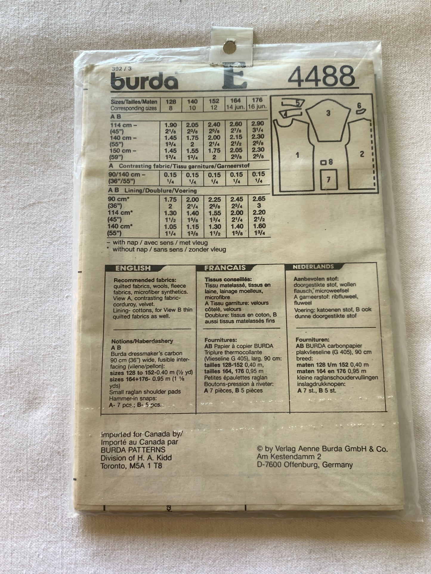 Burda Sewing Pattern 4488 Boy's/Girls Jacket, Semi-Fitted, Snap Front, Pockets, Size 8-16, Uncut, 2000