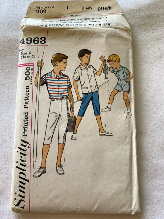 Simplicity Sewing Pattern 4963 Boys' Shirt, Pants, Shorts, Fly Zipper, Pockets, Size 6, Cut, Vintage 1966