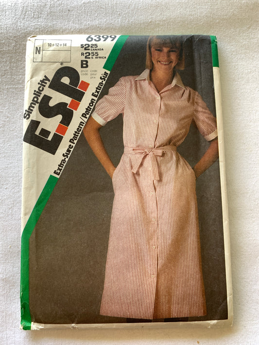 Simplicity Sewing Pattern 6399 Misses' Dress, Shirtwaist, Button Front, Semi-Fitted, Short Sleeves, Button Front, Size 10-14, Uncut, Vintage 1983