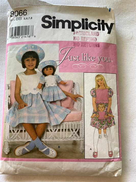 Simplicity Sewing Pattern 8066 Girls' Dress Hat, Doll Dress 18", Button Back, Short Puff Sleeves, Full Skirt, 2 Variations, Size 5-8, Cut, Vintage 1998