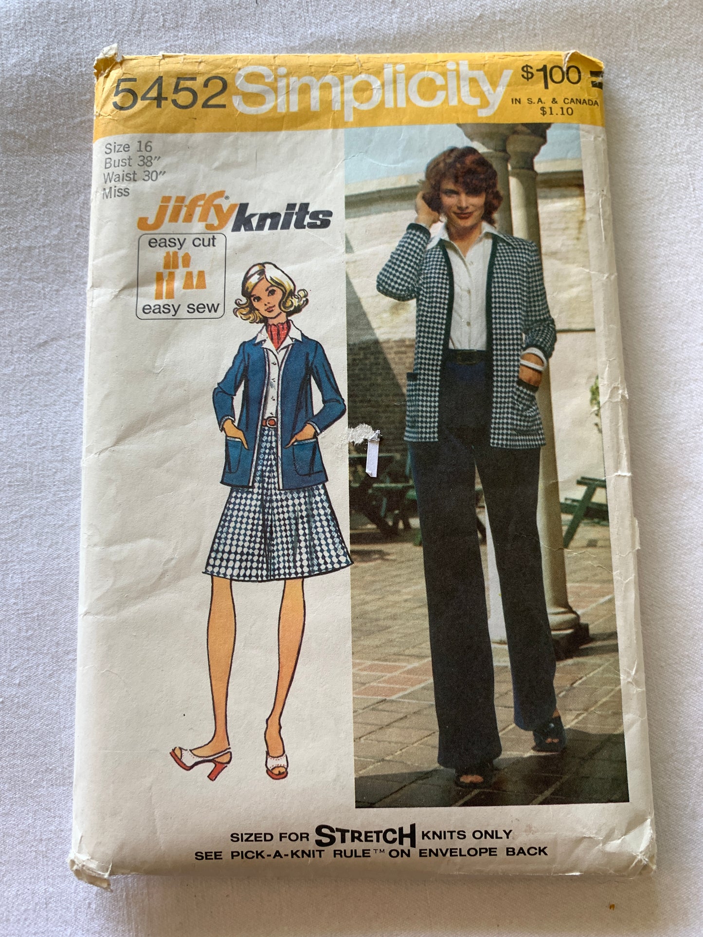 Simplicity Sewing Pattern Jiffy 5452 Misses' Skirt, Pants, Jacket, Knit Cardigan, Elastic Waist, Size 16, Uncut, Vintage 1972