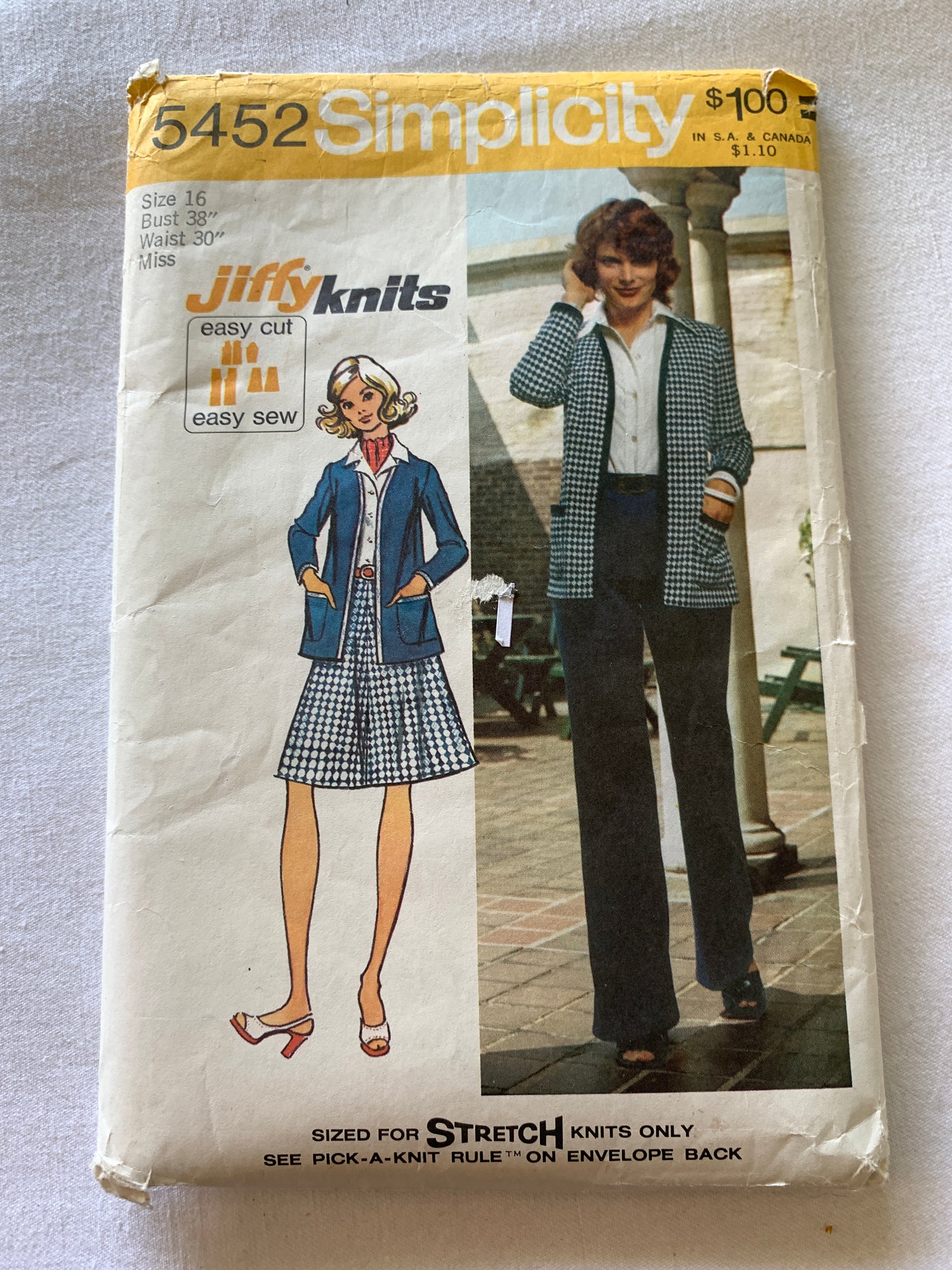 Simplicity Sewing Pattern Jiffy 5452 Misses' Skirt, Pants, Jacket, Knit Cardigan, Elastic Waist, Size 16, Uncut, Vintage 1972