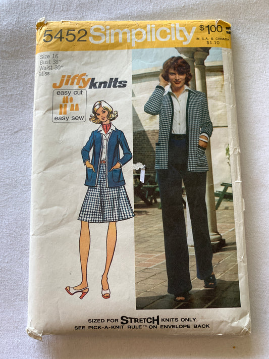 Simplicity Sewing Pattern Jiffy 5452 Misses' Skirt, Pants, Jacket, Knit Cardigan, Elastic Waist, Size 16, Uncut, Vintage 1972