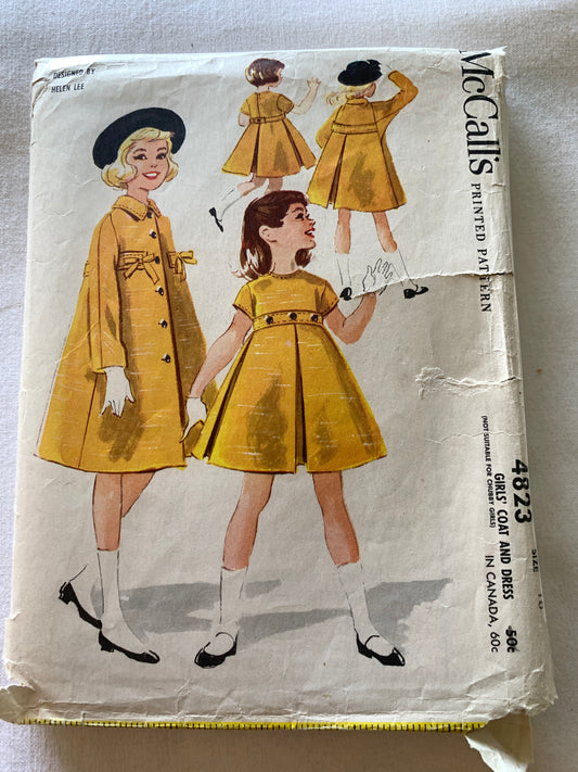 McCall's Sewing Pattern  4823 Girls' Dress, Coat, Short Sleeves,Zipper Back,Tie Back, Size 10, Cut, Vintage 1958