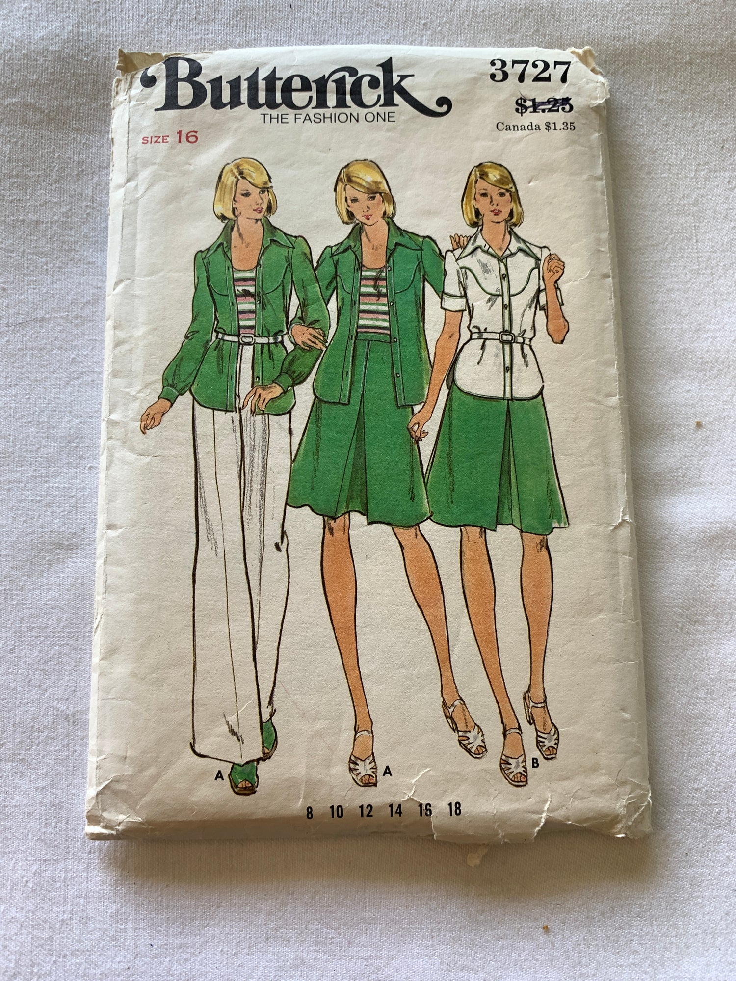 Butterick Sewing Pattern 3727 Misses' Shirt, Top, Skirt, Pants, Two Lengths, Button Front, Size 16, Uncut, Vintage 1970