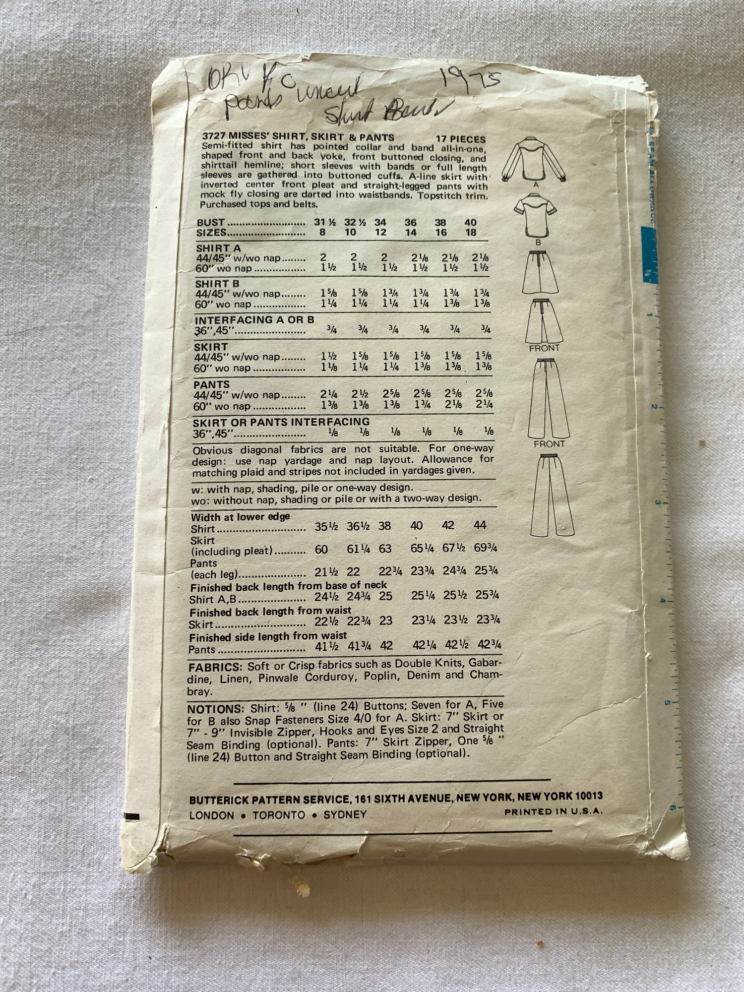 Butterick Sewing Pattern 3727 Misses' Shirt, Top, Skirt, Pants, Two Lengths, Button Front, Size 16, Uncut, Vintage 1970