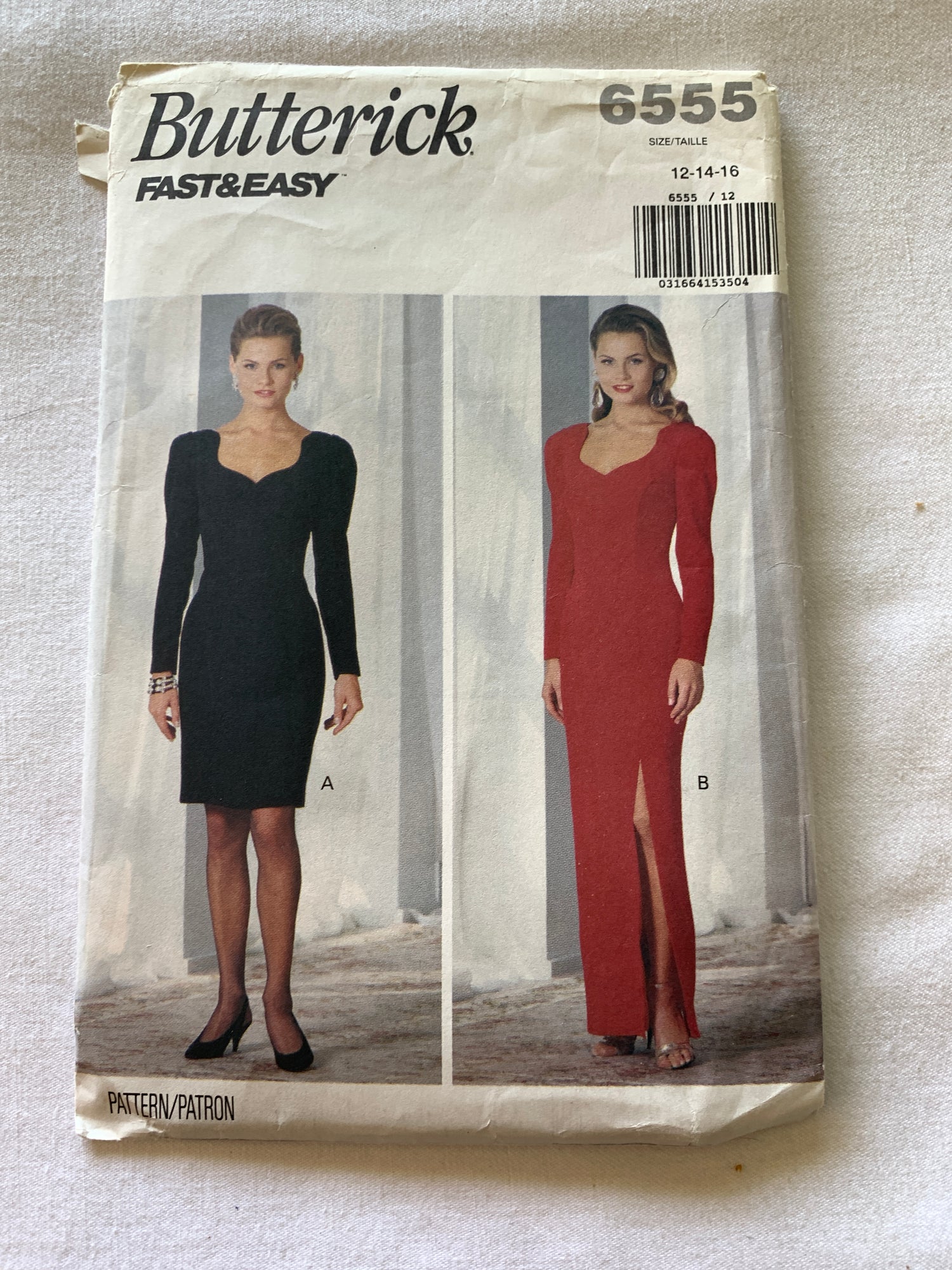 Butterick Sewing Pattern 6555 Misses' Dress, Two Lengths, Fitted, Zipper, Princess Seams, Long Sleeves, Tapered, Slit, Size 12-16, Cut, Vintage 1992