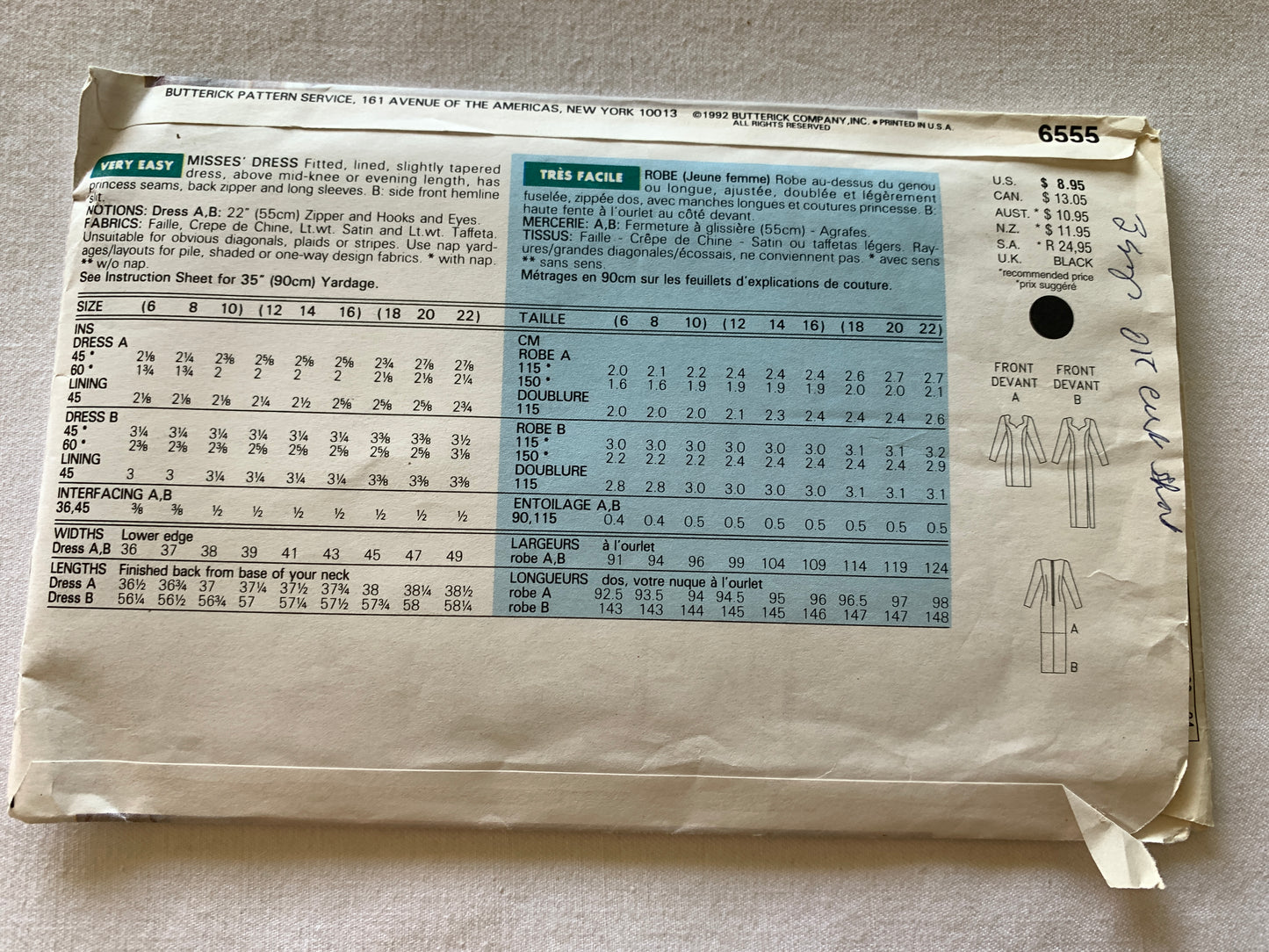 Butterick Sewing Pattern 6555 Misses' Dress, Two Lengths, Fitted, Zipper, Princess Seams, Long Sleeves, Tapered, Slit, Size 12-16, Cut, Vintage 1992