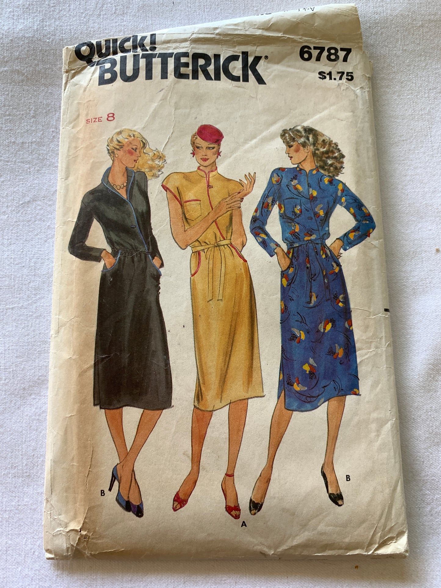 Butterick Sewing Pattern 6787 Misses' Dress, Long Sleeves, Button Front, Tie Belt, Size 8, Cut, Vintage 1960