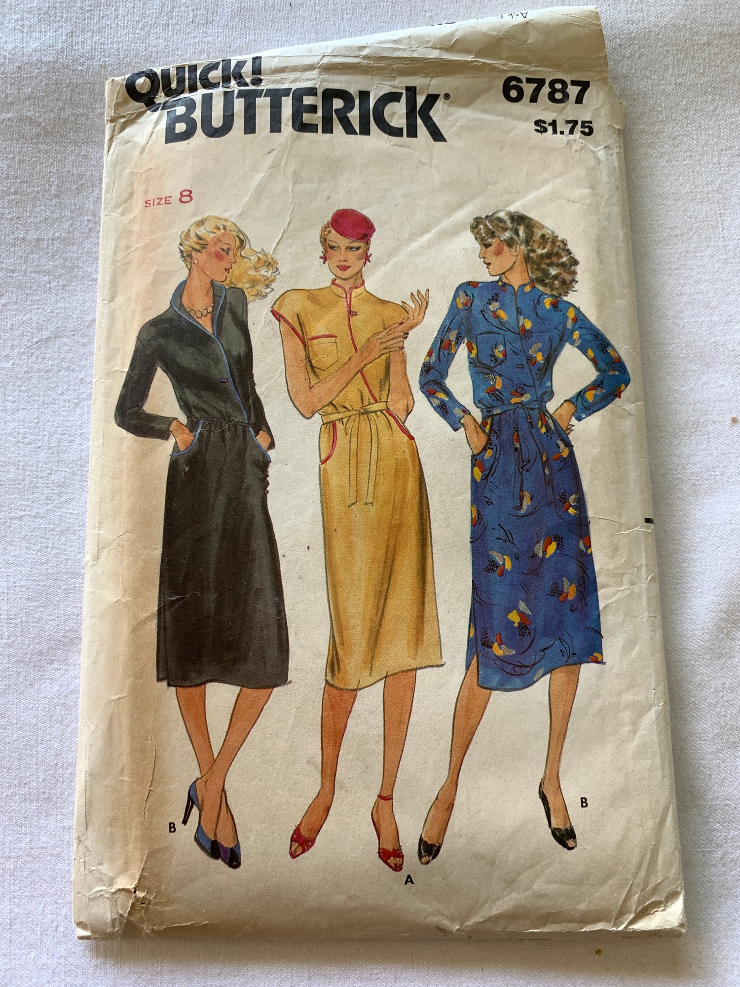 Butterick Sewing Pattern 6787 Misses' Dress, Long Sleeves, Button Front, Tie Belt, Size 8, Cut, Vintage 1960