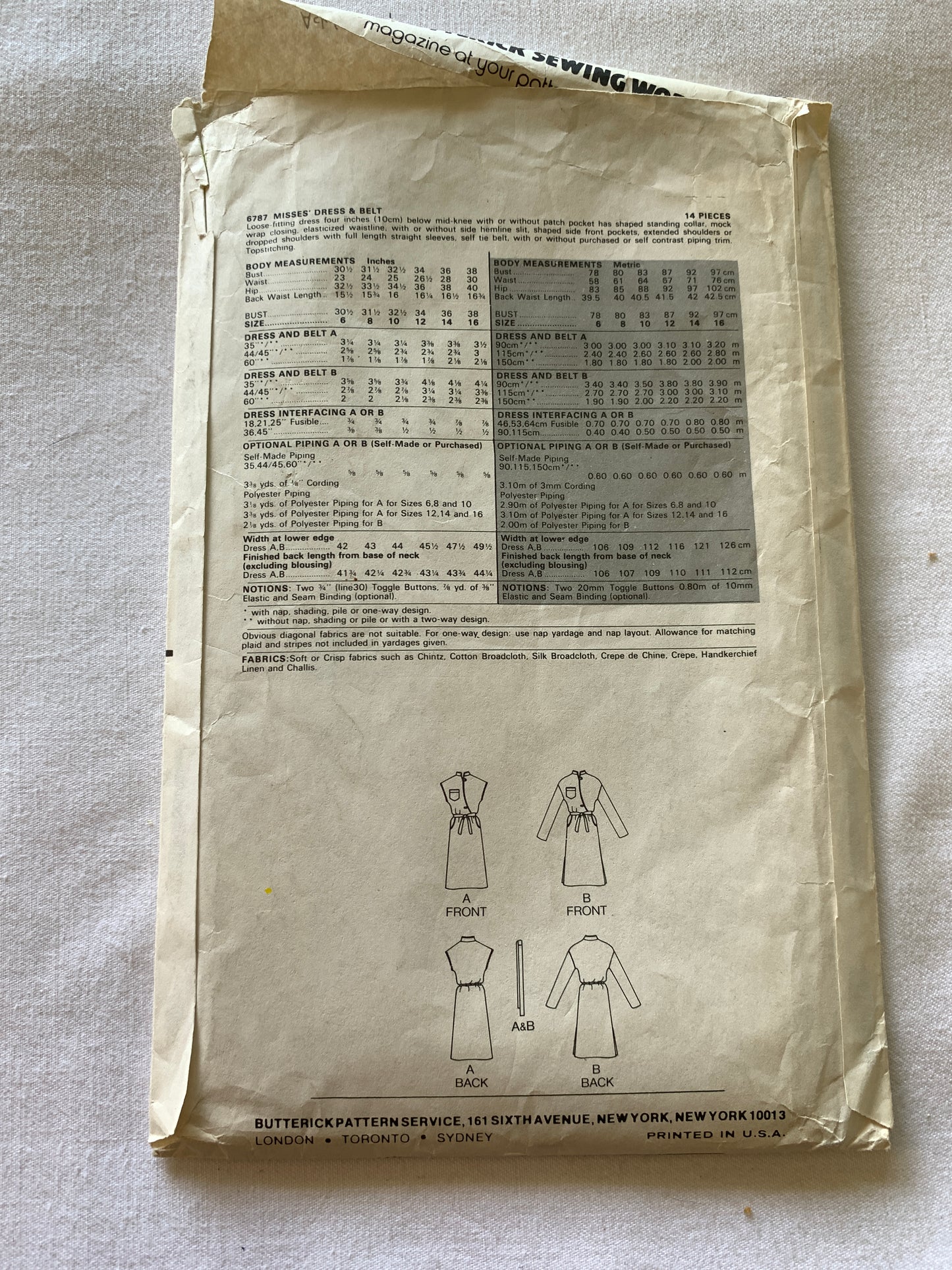 Butterick Sewing Pattern 6787 Misses' Dress, Long Sleeves, Button Front, Tie Belt, Size 8, Cut, Vintage 1960