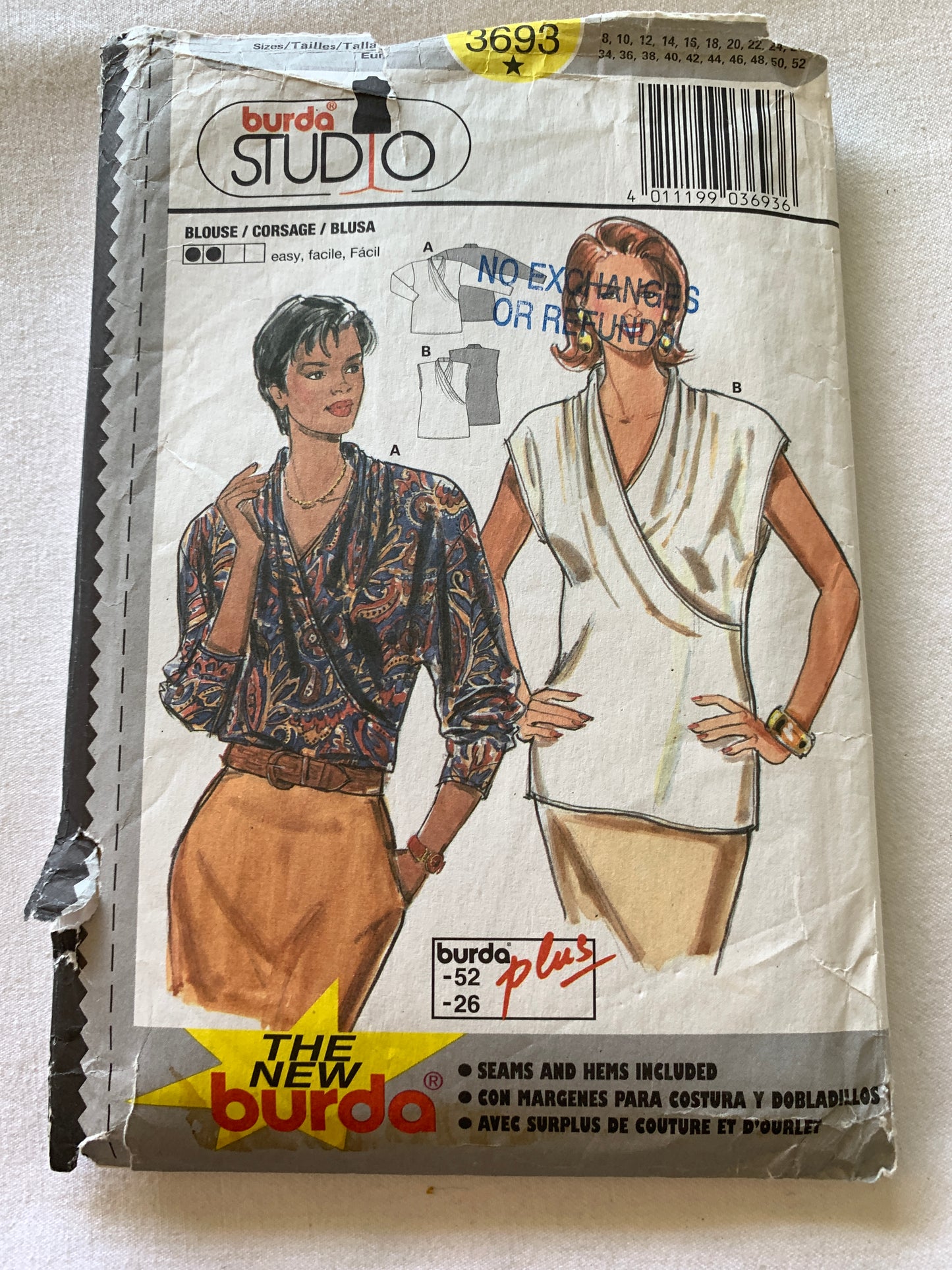 Burda Sewing Pattern 3693 Misses' Blouse, Top, Loose-Fitting, Long/Short Sleeves, Shoulder Pads, Size 8-26, Cut, 2000