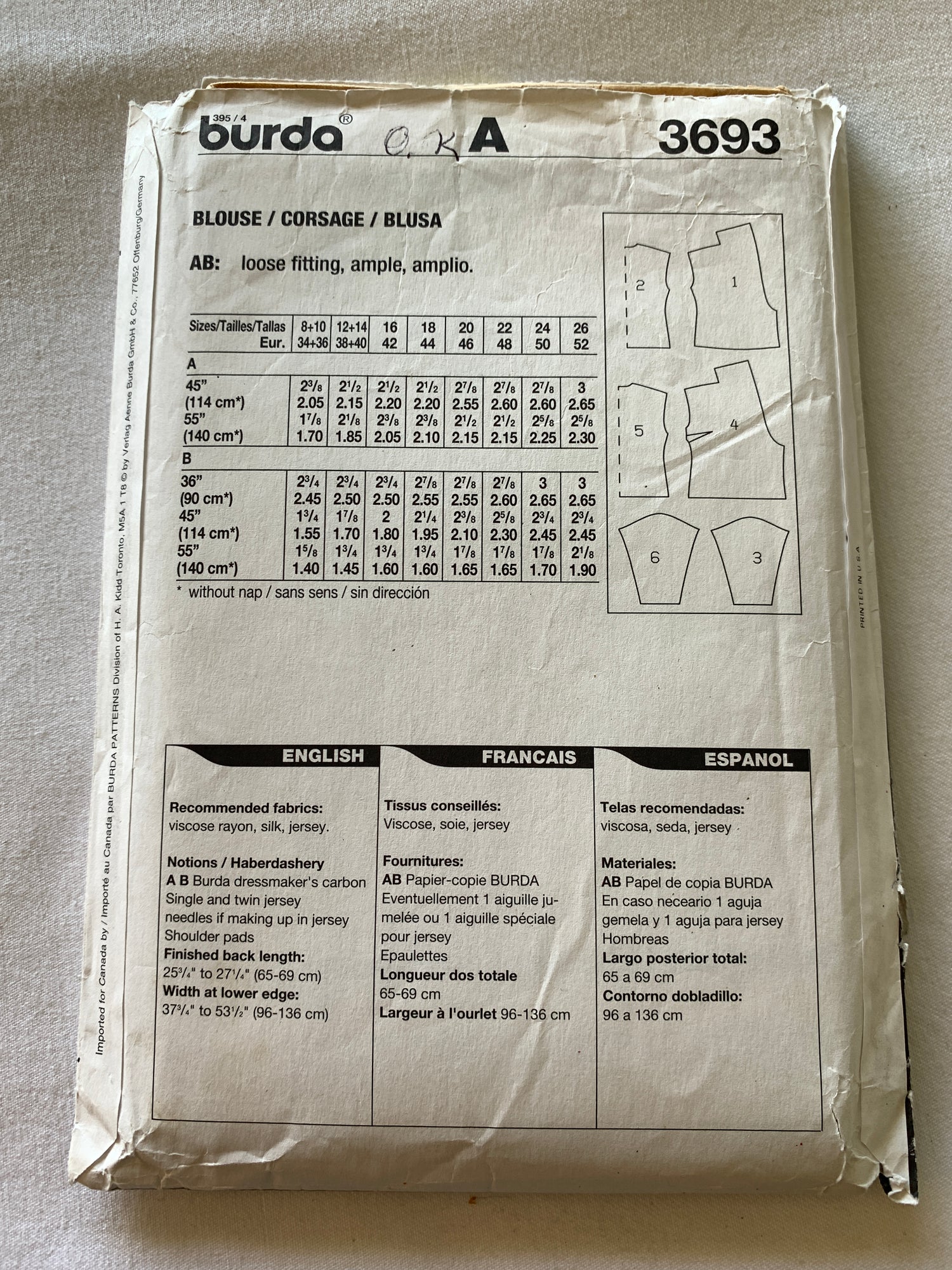 Burda Sewing Pattern 3693 Misses' Blouse, Top, Loose-Fitting, Long/Short Sleeves, Shoulder Pads, Size 8-26, Cut, 2000