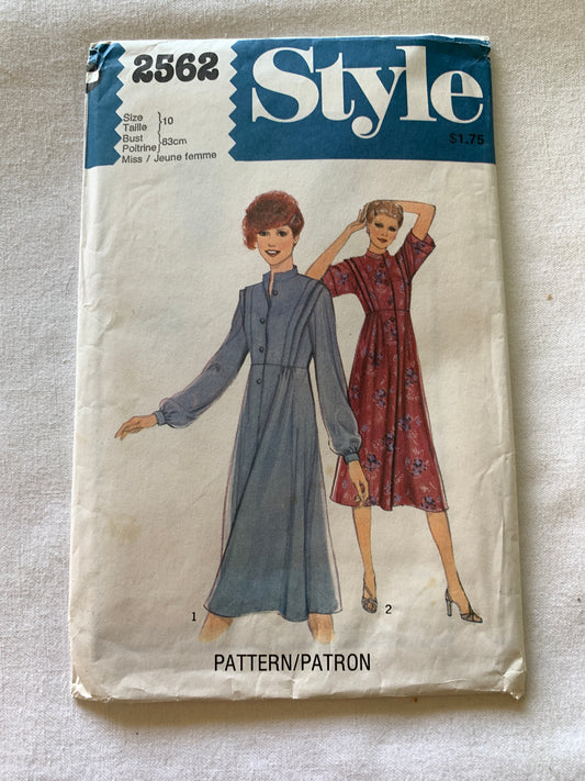 Style Sewing Pattern 2562 Misses' Dress, Pullover, Long/Short Sleeves, Shoulder Pads, Elastic Waist, Size 10, Cut, Vintage 1979