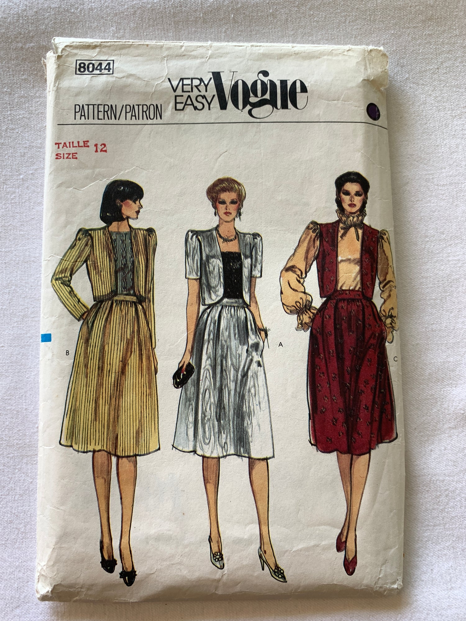 Vogue Sewing Pattern 8044 Misses' Jacket, Vest, Skirt, Zipper Back, Loose-Fitting, Size 12, Cut, Vintage 1999