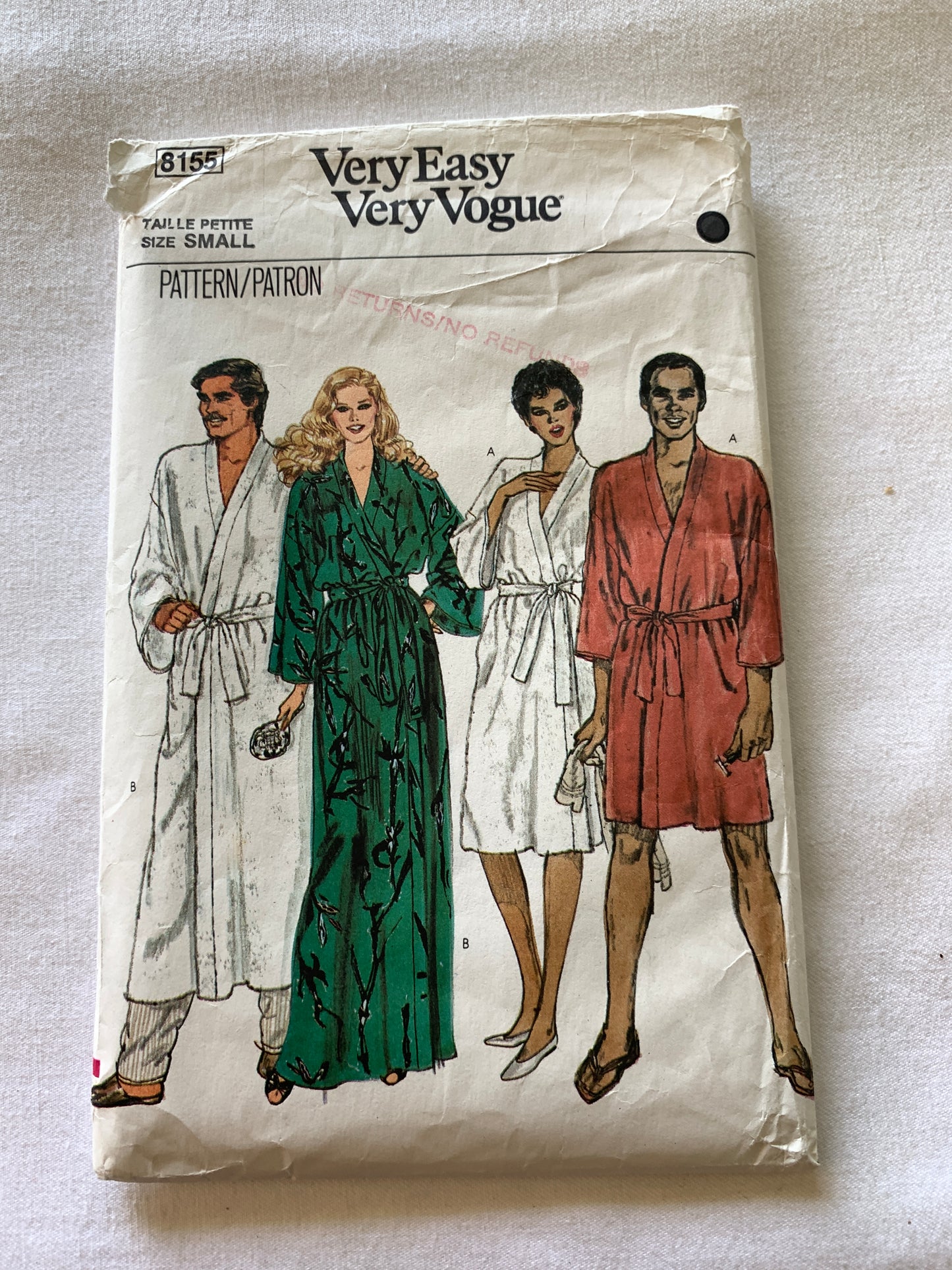 Vogue Sewing Pattern 8155 Misses'/Men's Robe, Housecoat, Long Sleeves, Tie Belt, Two Lengths, Size 34-36, Cut, Vintage 1987