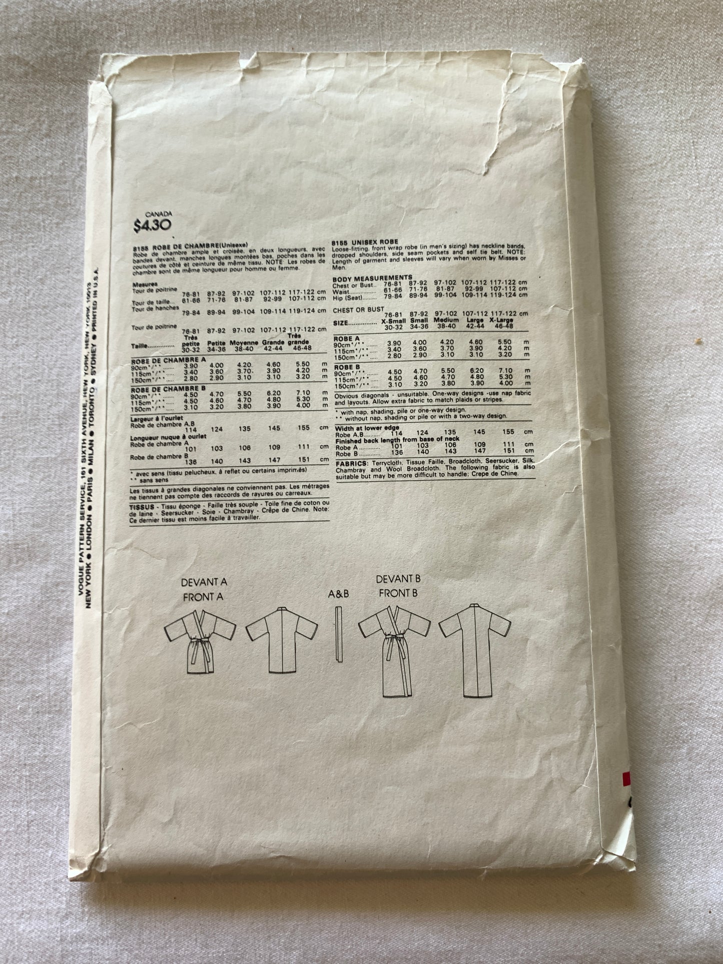 Vogue Sewing Pattern 8155 Misses'/Men's Robe, Housecoat, Long Sleeves, Tie Belt, Two Lengths, Size 34-36, Cut, Vintage 1987