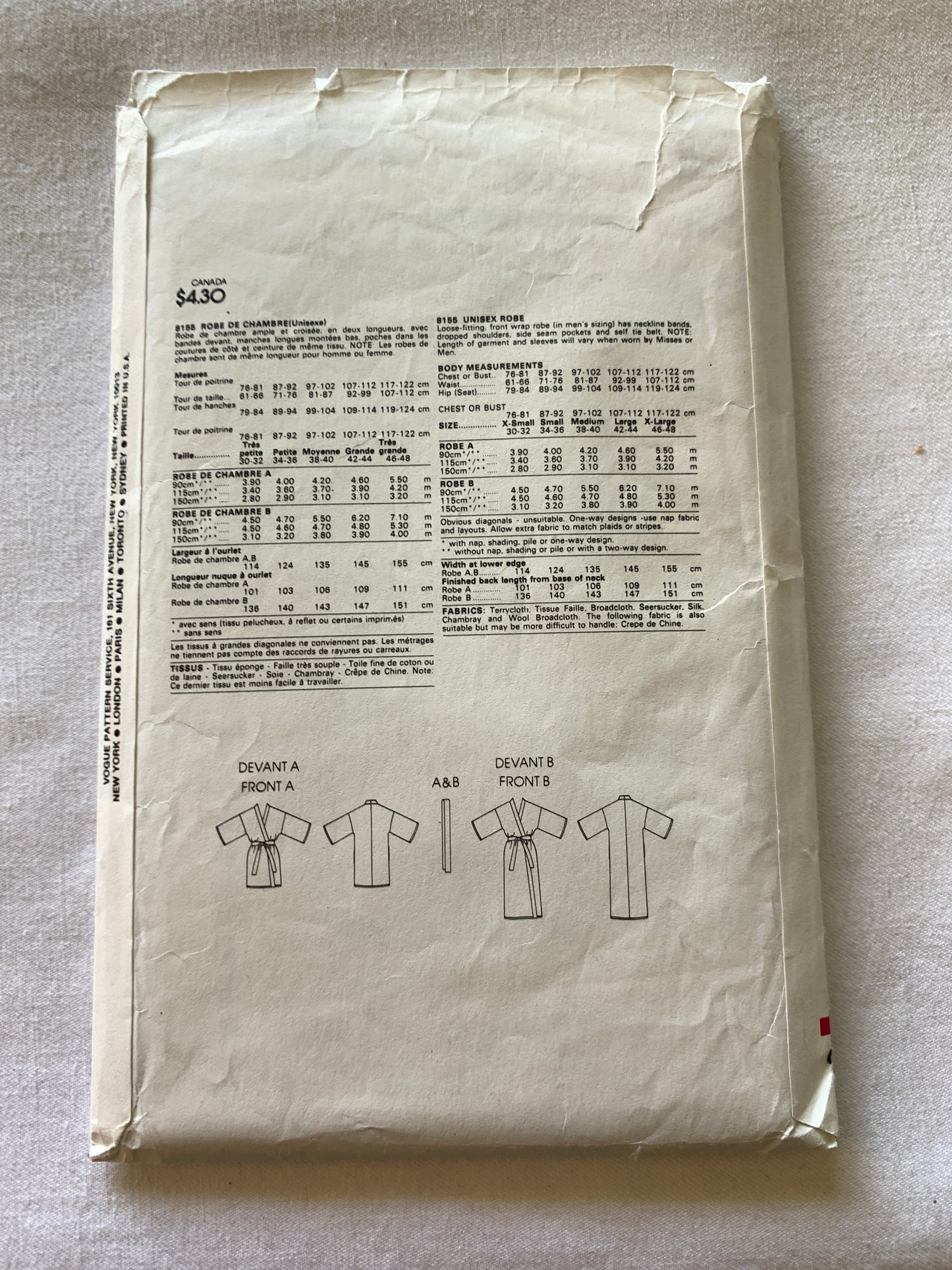 Vogue Sewing Pattern 8155 Misses'/Men's Robe, Housecoat, Long Sleeves, Tie Belt, Two Lengths, Size 34-36, Cut, Vintage 1987