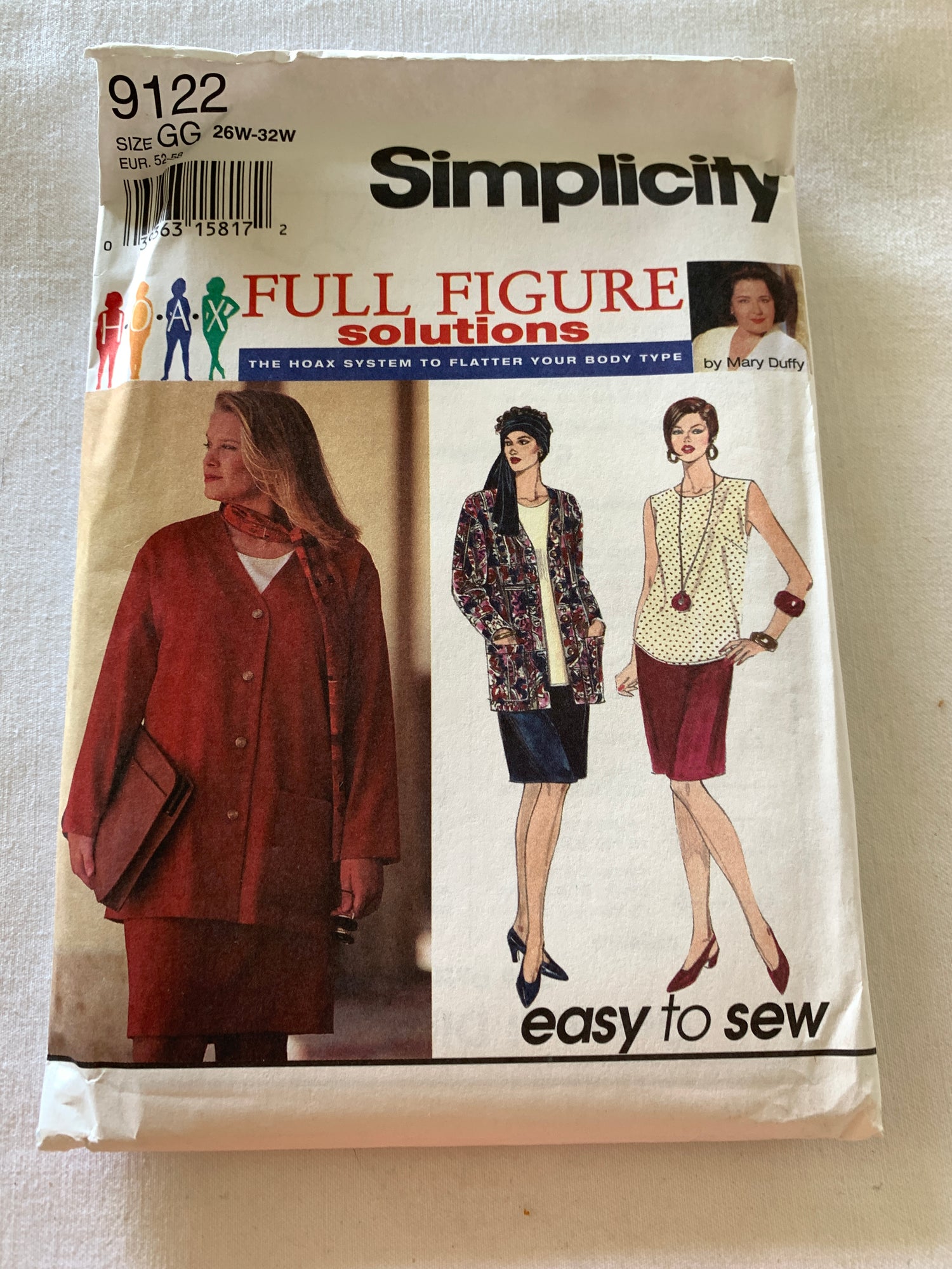 Simplicity Sewing Pattern 9122 Misses' Full Figure, Unlined Jacket, Skirt, Top, Button Front, Scarf, Size 26W-32W, Uncut, Vintage 1994