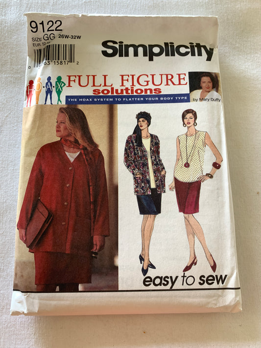 Simplicity Sewing Pattern 9122 Misses' Full Figure, Unlined Jacket, Skirt, Top, Button Front, Scarf, Size 26W-32W, Uncut, Vintage 1994
