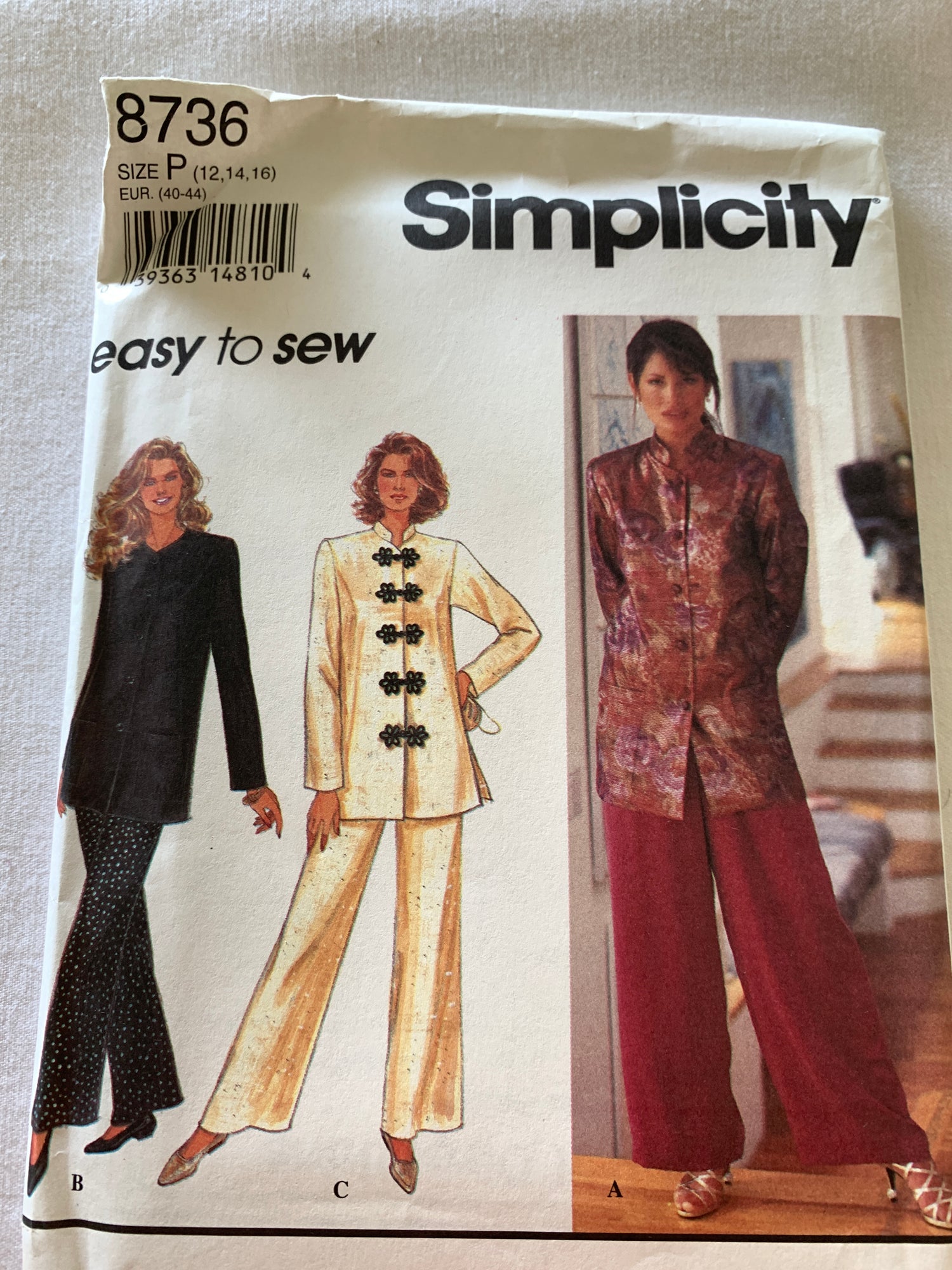Simplicity Sewing Pattern 8736 Misses' Unlined Jacket, Pants, Long Sleeves, Wide Leg, Zipper Back, Size 12-16, Uncut, Vintage 1993