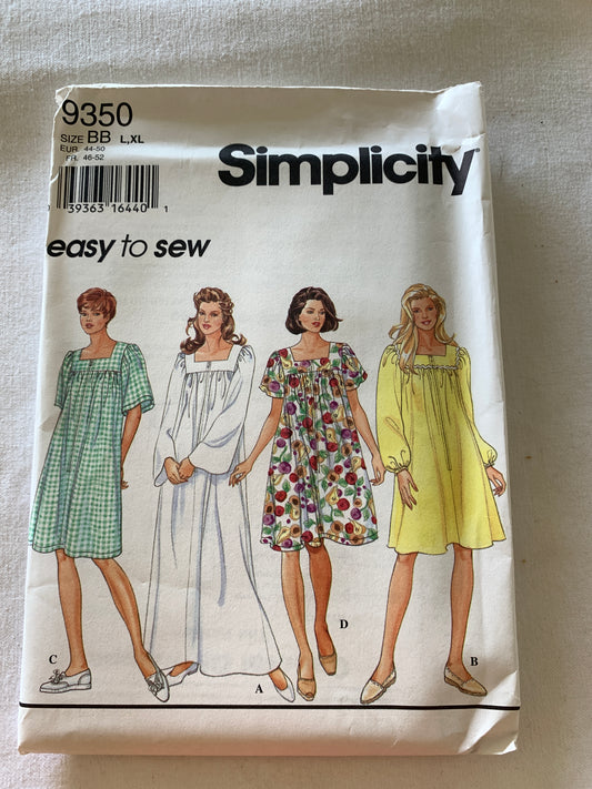 Simplicity Sewing Pattern 9350 Misses' Dress, Two Lengths, Front Zipper, Full Gathered Skirt, Long/Short Sleeves, Size 18-24, Uncut, Vintage 1995