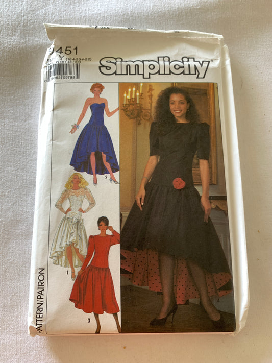 Simplicity Sewing Pattern 9451 Misses'/Miss Petite Dress, Two Lengths, Long/Short Sleeves, Zipper Back, Size 18-22, Uncut, Vintage 1989
