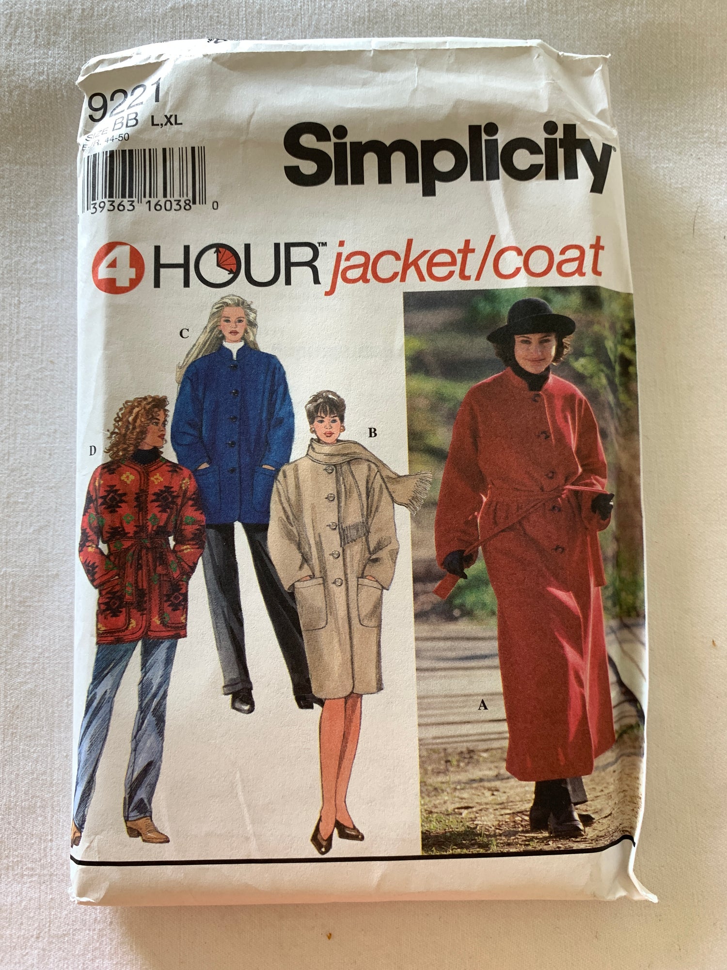 Simplicity Sewing Pattern 9221 Jacket, Two Lengths, Coat, Tie Belt, Long Sleeves, Scarf, Pockets, Size 18-24, Uncut, Vintage 1994